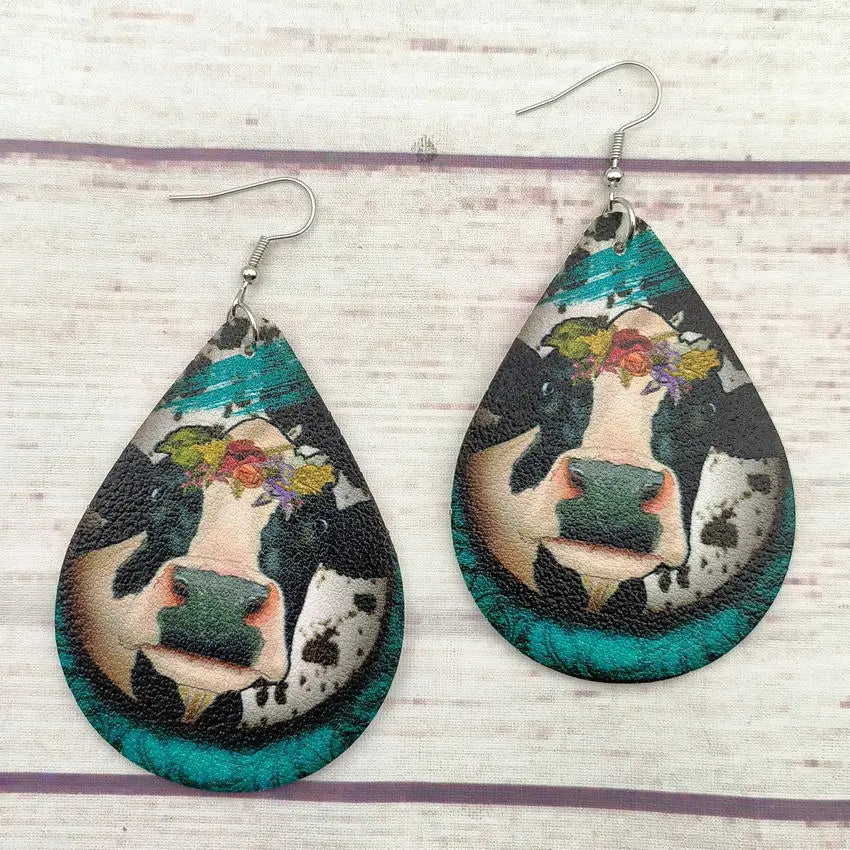 New Western Farm Animal Cow Pattern Leather Droplet Earrings for Women's Cow Earrings AQP-STORE