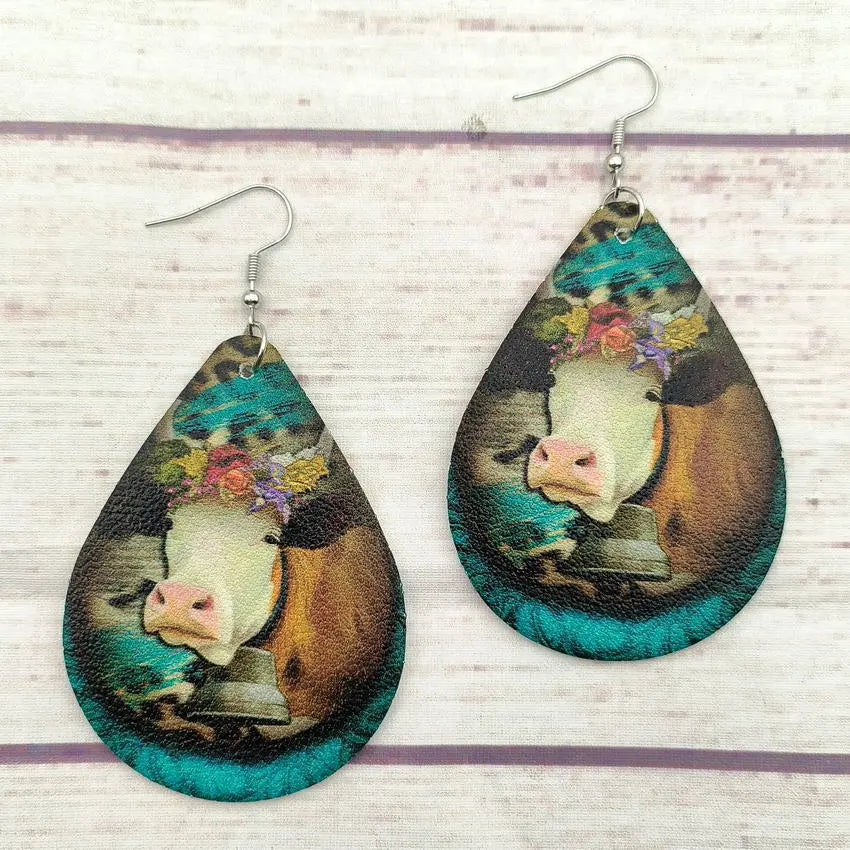 New Western Farm Animal Cow Pattern Leather Droplet Earrings for Women's Cow Earrings AQP-STORE