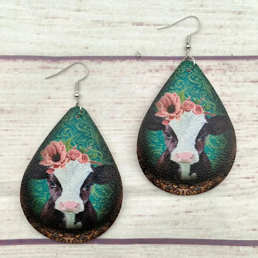 New Western Farm Animal Cow Pattern Leather Droplet Earrings for Women's Cow Earrings AQP-STORE