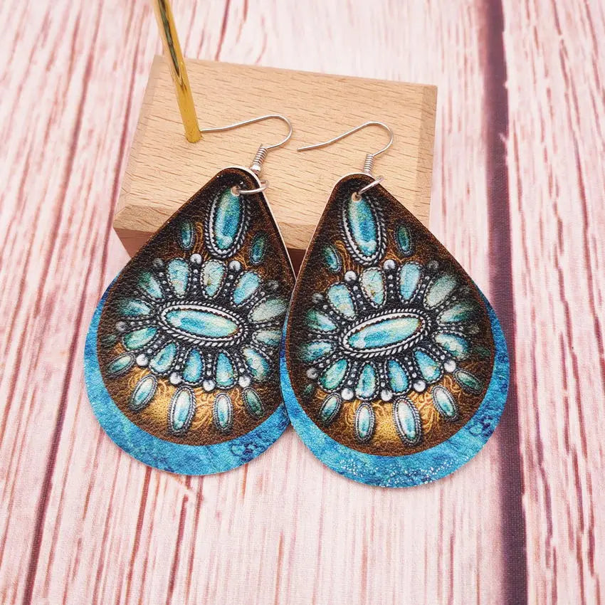 European and American cross-border hot selling western style turquoise Concho stone flower pattern leather water drop earrings jewelry AQP-STORE