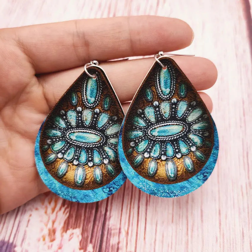 European and American cross-border hot selling western style turquoise Concho stone flower pattern leather water drop earrings jewelry AQP-STORE