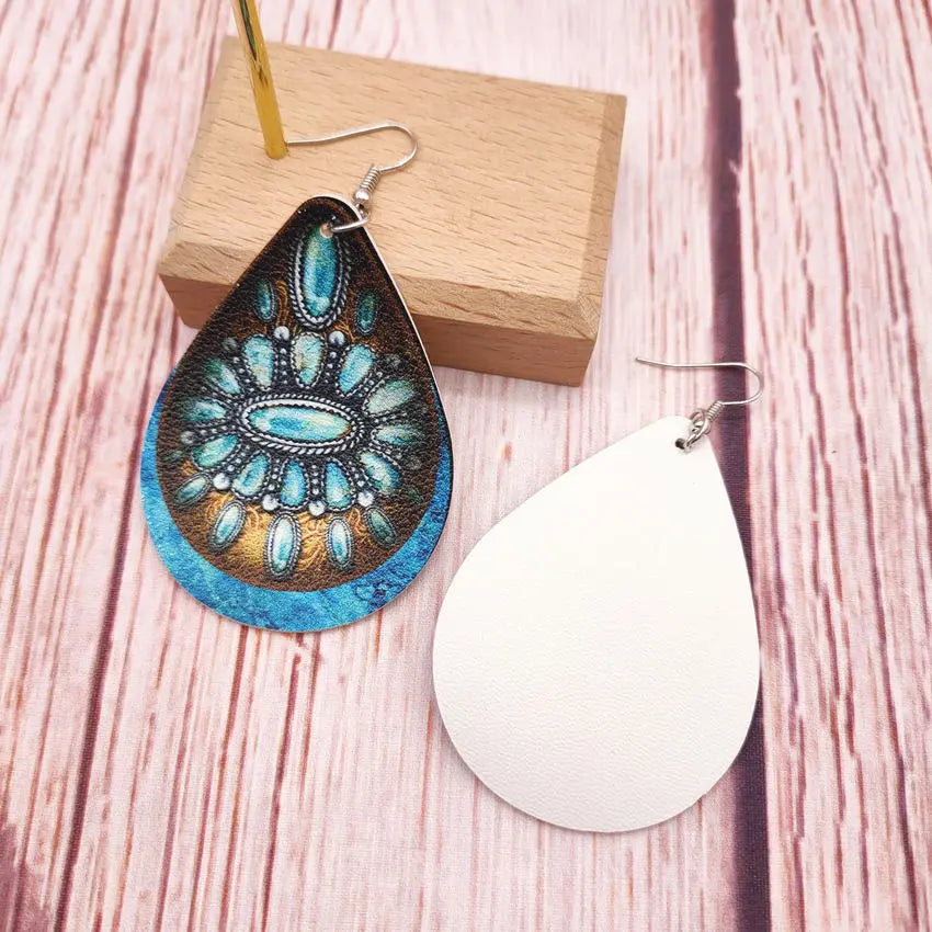 European and American cross-border hot selling western style turquoise Concho stone flower pattern leather water drop earrings jewelry AQP-STORE