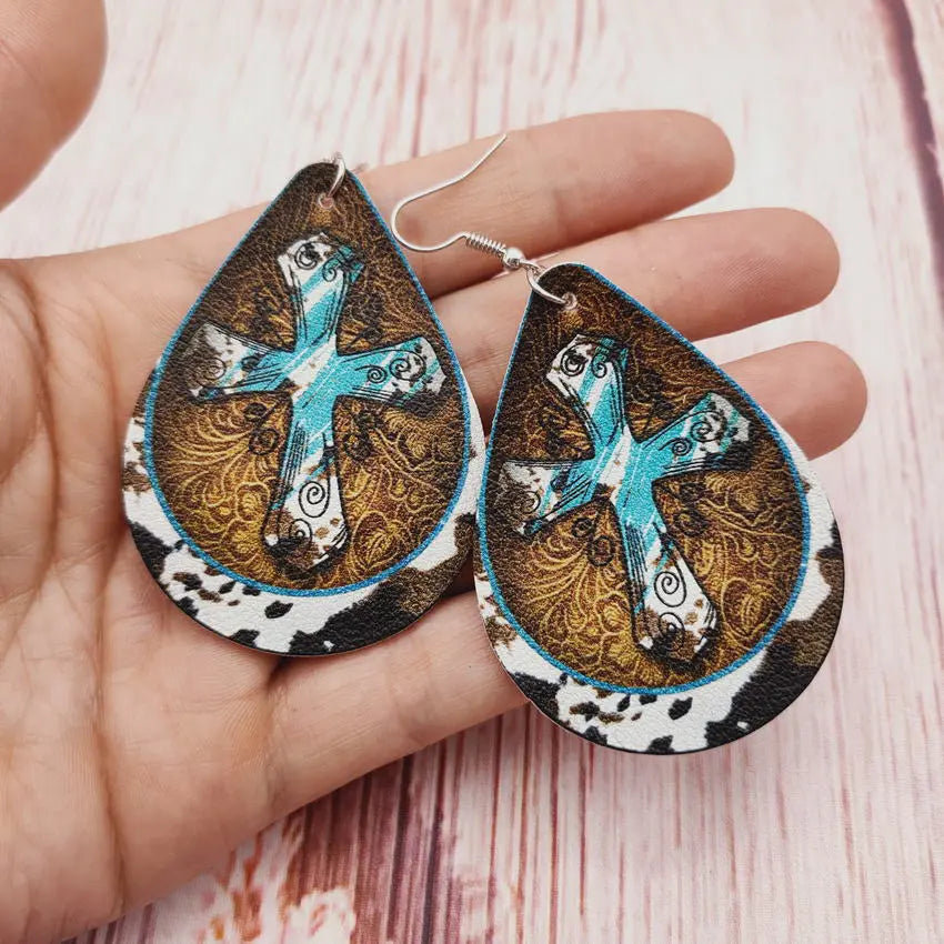 Cross border Hot Selling European and American New Western Cow Pattern Cross Pattern Leather Droplet Earrings Retro Style PU Earrings AQP-STORE