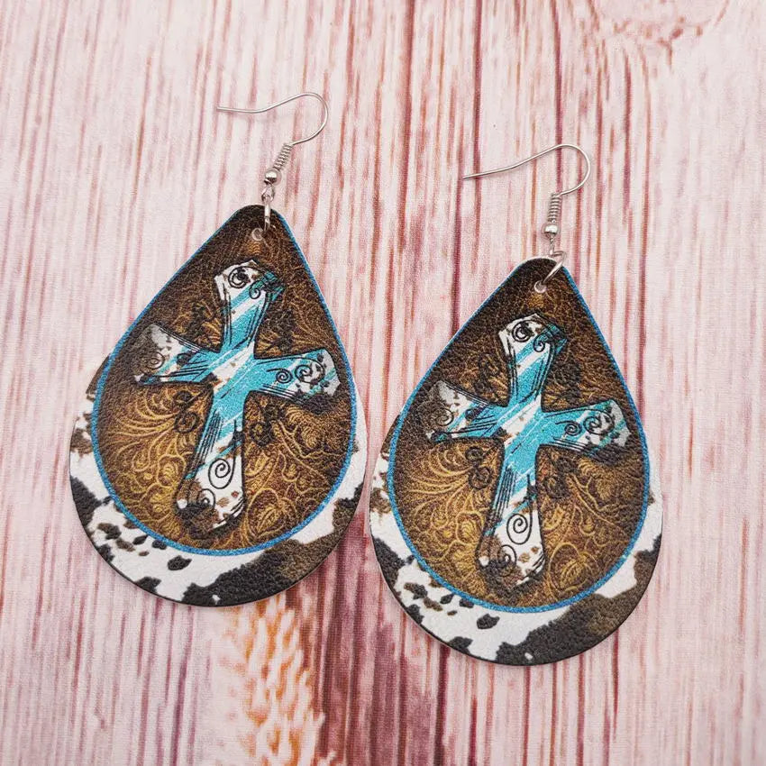 Cross border Hot Selling European and American New Western Cow Pattern Cross Pattern Leather Droplet Earrings Retro Style PU Earrings AQP-STORE