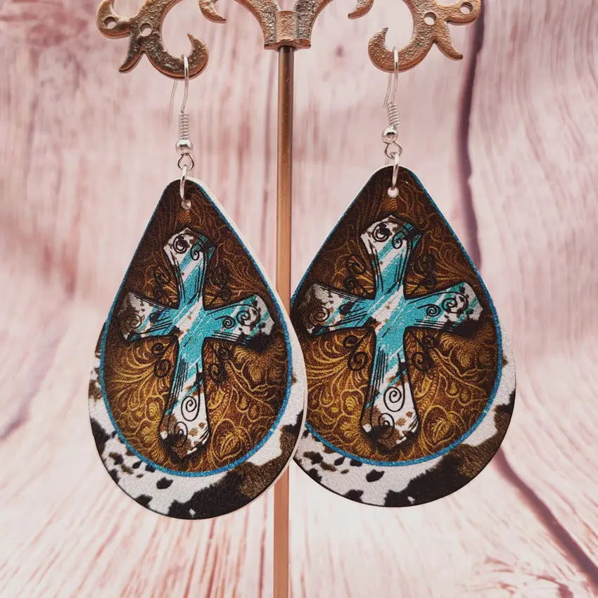 Cross border Hot Selling European and American New Western Cow Pattern Cross Pattern Leather Droplet Earrings Retro Style PU Earrings AQP-STORE