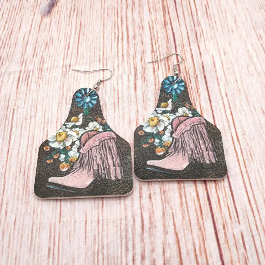 2022 New American Western Style Women's Cowboy Tassel Boots Turquoise Flower Pattern Leather Bull Brand Earrings AQP-STORE