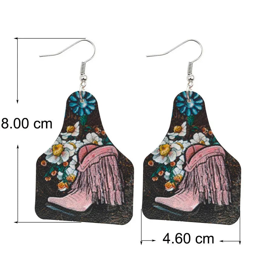 2022 New American Western Style Women's Cowboy Tassel Boots Turquoise Flower Pattern Leather Bull Brand Earrings AQP-STORE