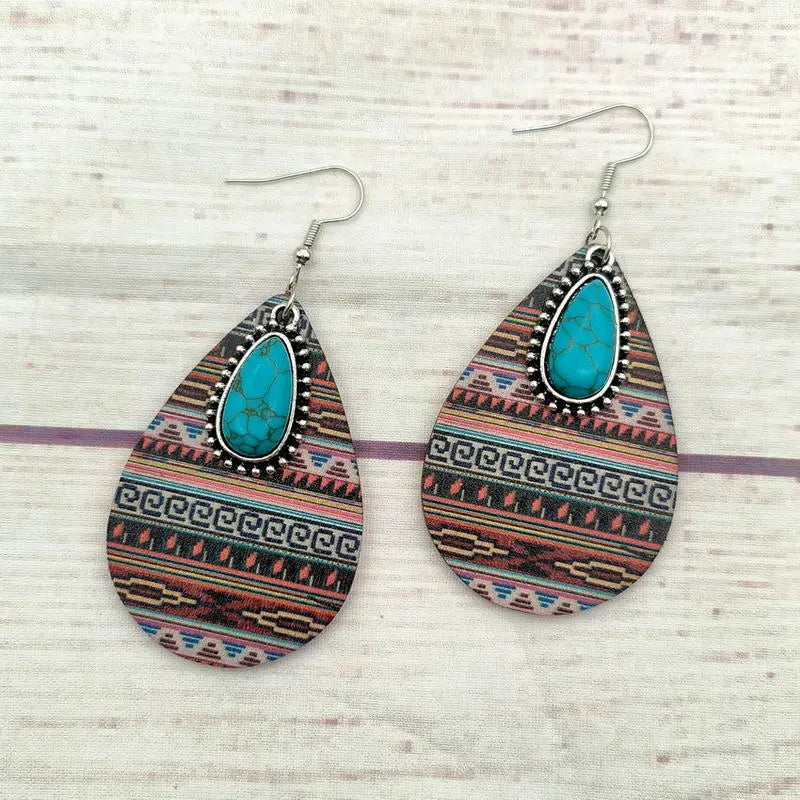 European and American women's earrings, wooden Aztec pattern turquoise pendant, retro ethnic fashion earrings AQP-STORE