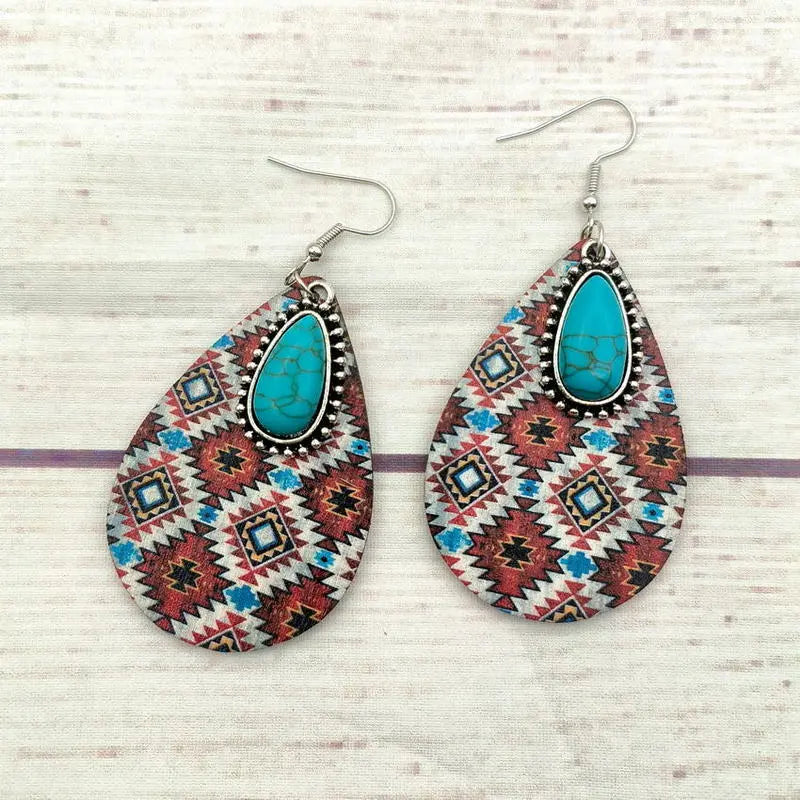 European and American women's earrings, wooden Aztec pattern turquoise pendant, retro ethnic fashion earrings AQP-STORE