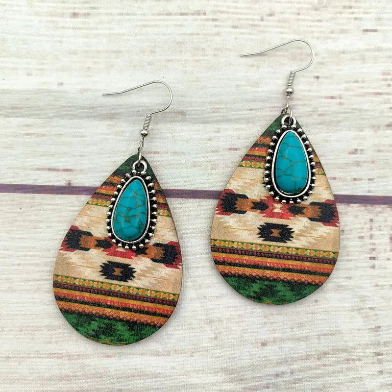 European and American women's earrings, wooden Aztec pattern turquoise pendant, retro ethnic fashion earrings AQP-STORE