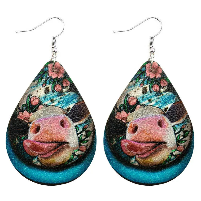 New Western Farm Animal Cow Pattern Leather Droplet Earrings for Women's Cow Earrings AQP-STORE