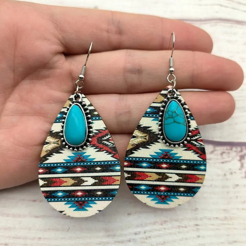 European and American women's earrings, wooden Aztec pattern turquoise pendant, retro ethnic fashion earrings AQP-STORE