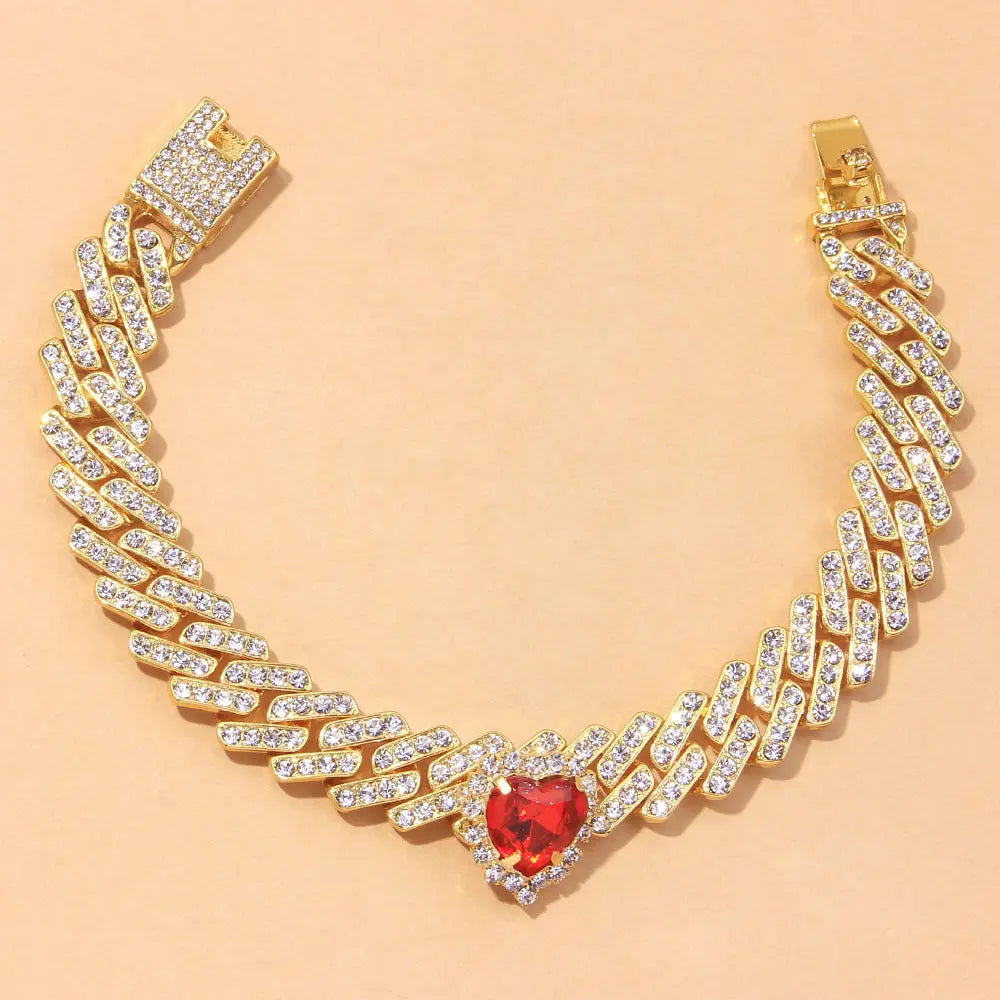 Cross border hot selling color heart-shaped crystal anklets, fashionable and trendy accessories, personalized hip-hop Cuban anklets AQP-STORE