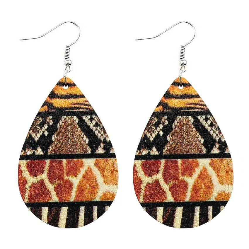 Droplet shaped colorful leopard print snake skin pattern wood earrings with European and American splicing earrings AQP-STORE