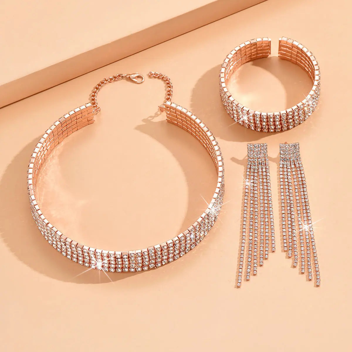 Cross border jewelry from Europe and America, multi drainage diamond necklaces, earrings, bracelets, 3-piece set of fashionable bride sets, dress accessories AQP-STORE