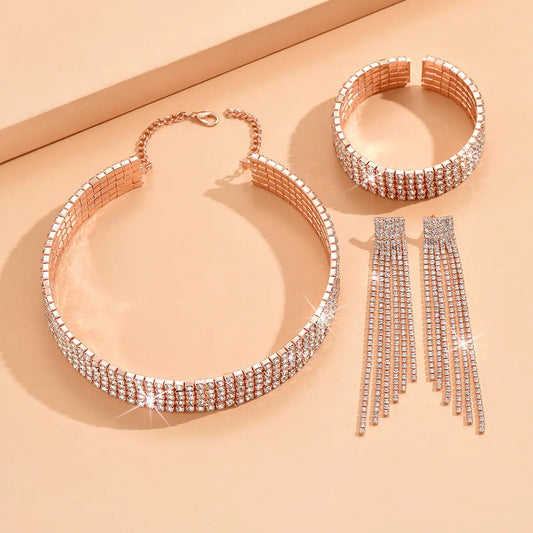 Cross border jewelry from Europe and America, multi drainage diamond necklaces, earrings, bracelets, 3-piece set of fashionable bride sets, dress accessories AQP-STORE