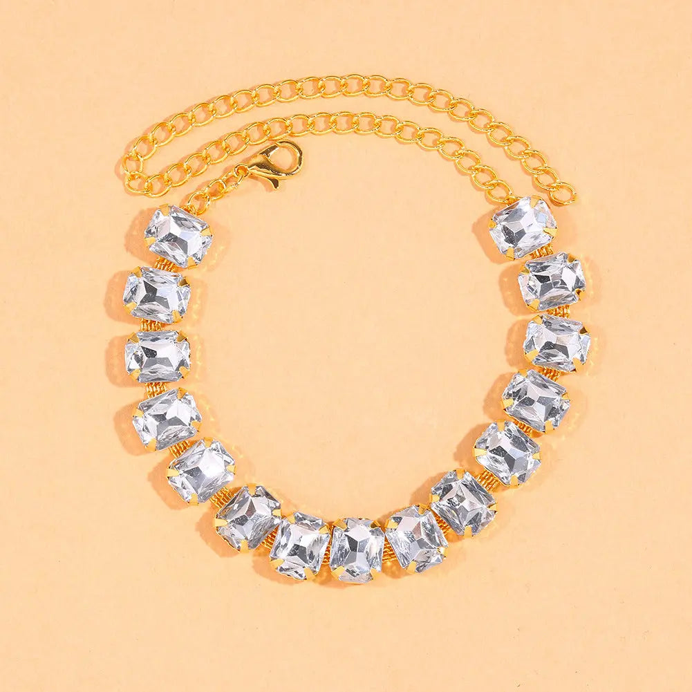 Cross border European and American New Crystal Colored Feet Chain Women's Fashion High Heels Square Feet Chain Shining Accessories Anklet AQP-STORE
