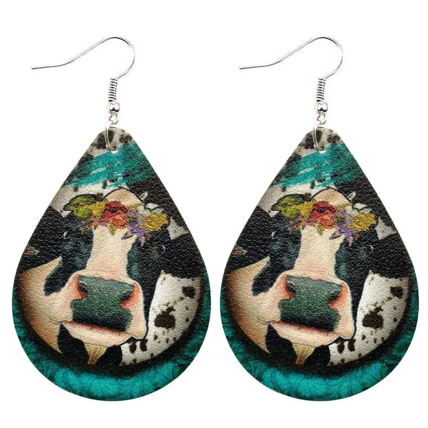 New Western Farm Animal Cow Pattern Leather Droplet Earrings for Women's Cow Earrings AQP-STORE