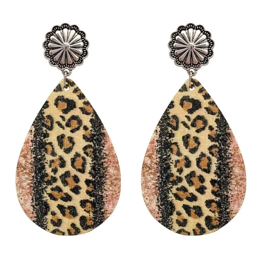 Droplet shaped colorful leopard print snake skin pattern wood earrings with European and American splicing earrings AQP-STORE