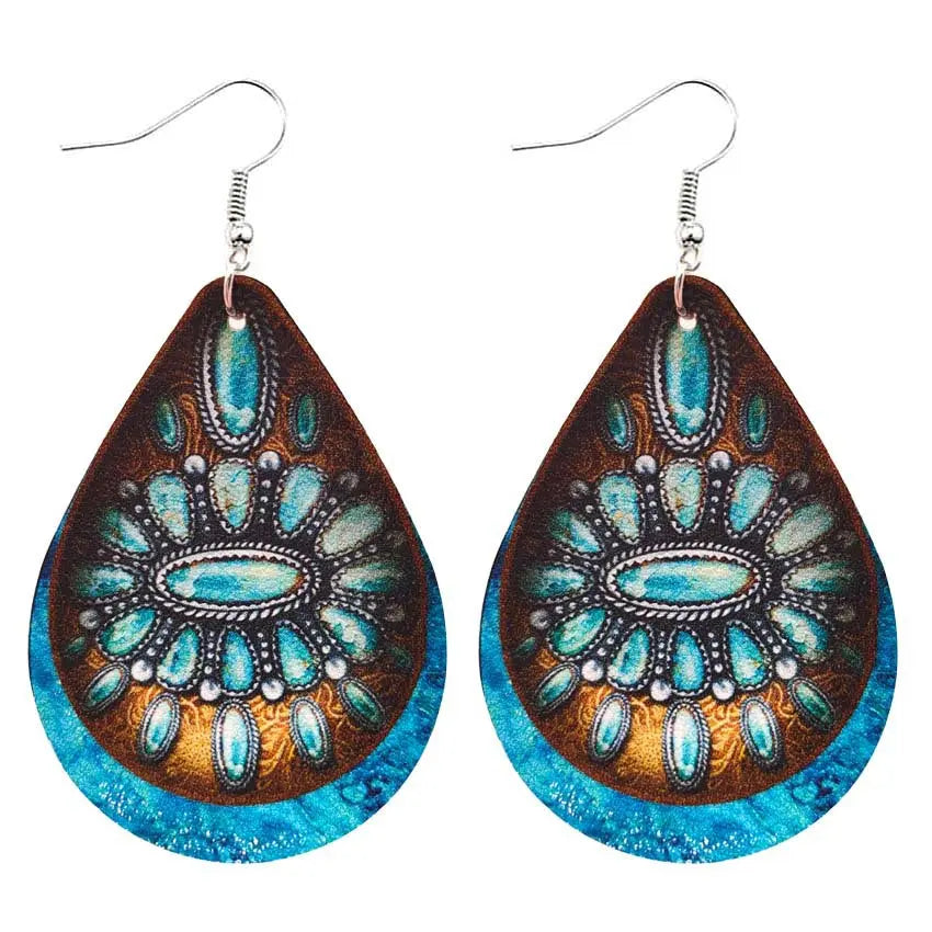 European and American cross-border hot selling western style turquoise Concho stone flower pattern leather water drop earrings jewelry AQP-STORE