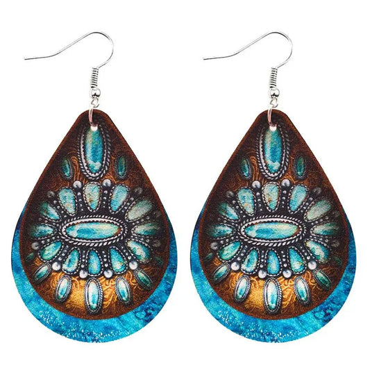 European and American cross-border hot selling western style turquoise Concho stone flower pattern leather water drop earrings jewelry AQP-STORE