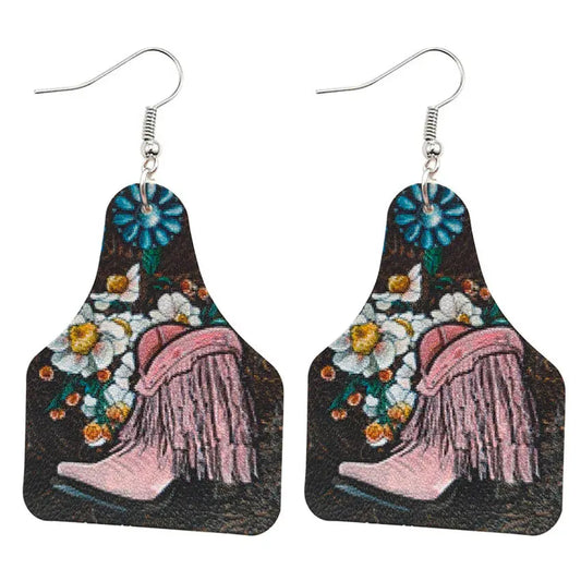 2022 New American Western Style Women's Cowboy Tassel Boots Turquoise Flower Pattern Leather Bull Brand Earrings AQP-STORE