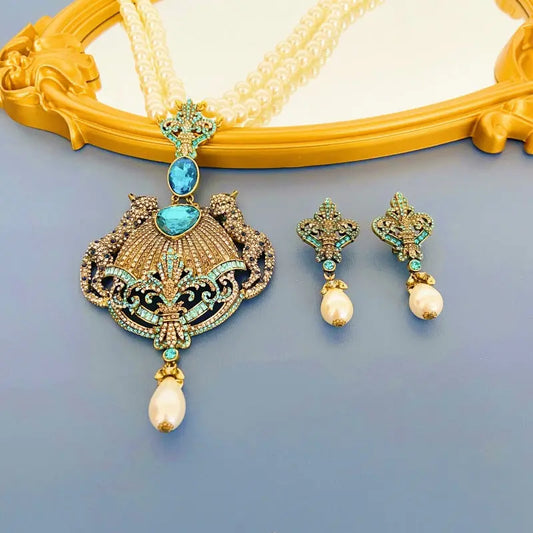 Middle Vintage Leopard Crown Necklace Ear Studs Palace Style Diamond Pearl High Grade Ear Stud Necklace Set AQP-STORE