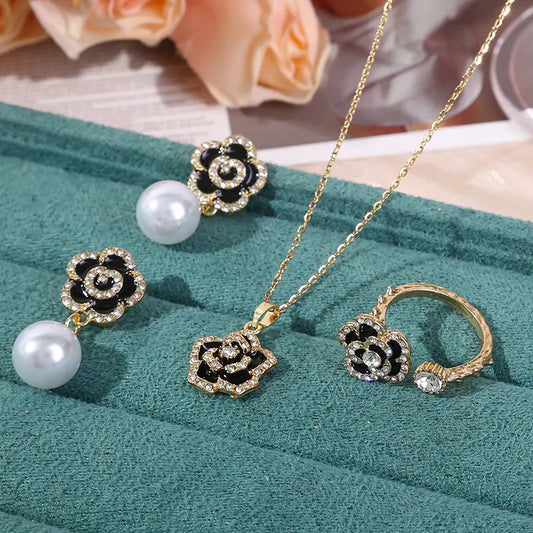 Camellia Earrings, Ring Necklace Combination, Three Piece Set with Diamond Jewelry, Personalized Opening, Fashionable Jewelry, Women's High Grade Feeling AQP-STORE