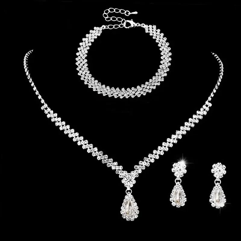 European and American Fashion Irregular Necklace Earring Bracelet Set Amazon Hot selling Full Diamond Claw Chain Water Diamond Three Piece Set AQP-STORE