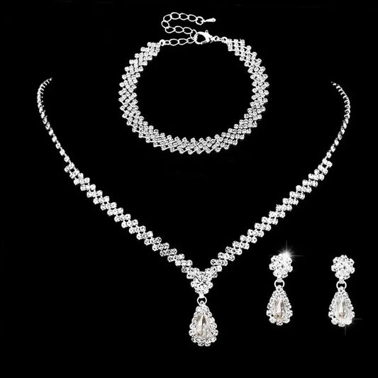 European and American Fashion Irregular Necklace Earring Bracelet Set Amazon Hot selling Full Diamond Claw Chain Water Diamond Three Piece Set AQP-STORE