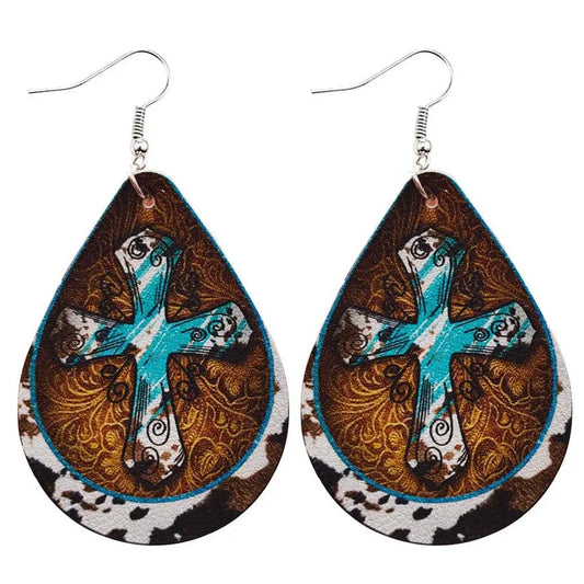 Cross border Hot Selling European and American New Western Cow Pattern Cross Pattern Leather Droplet Earrings Retro Style PU Earrings AQP-STORE