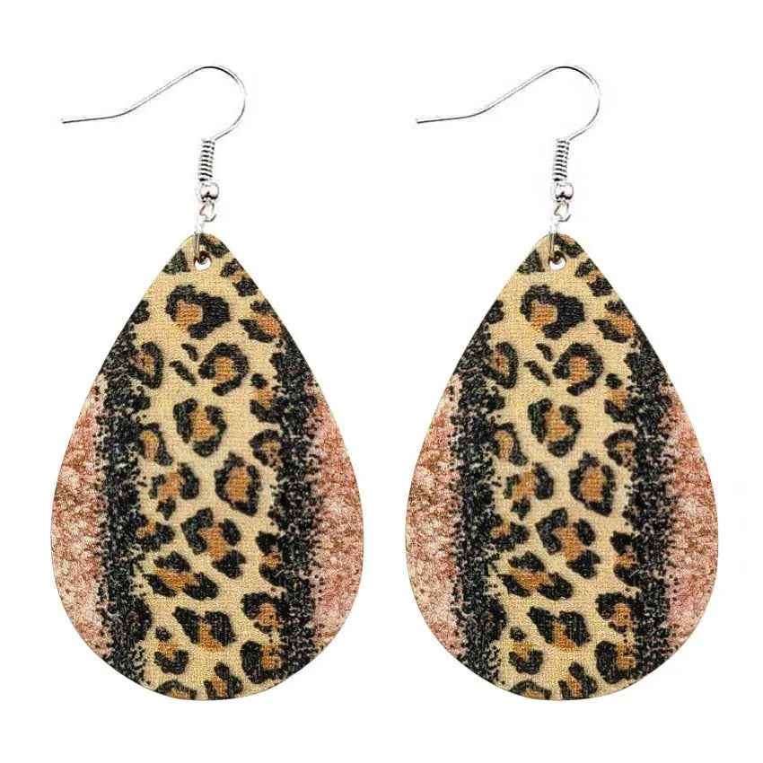 Droplet shaped colorful leopard print snake skin pattern wood earrings with European and American splicing earrings AQP-STORE