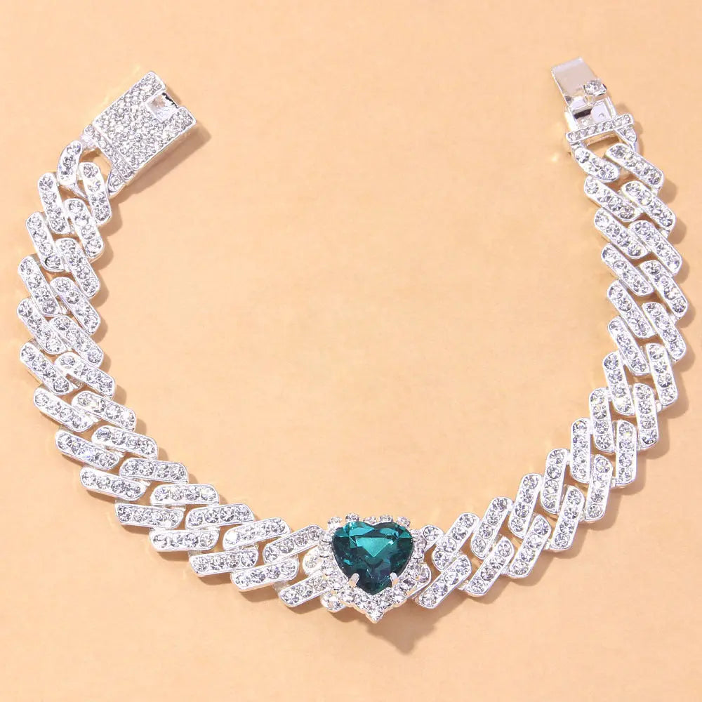 Cross border hot selling color heart-shaped crystal anklets, fashionable and trendy accessories, personalized hip-hop Cuban anklets AQP-STORE