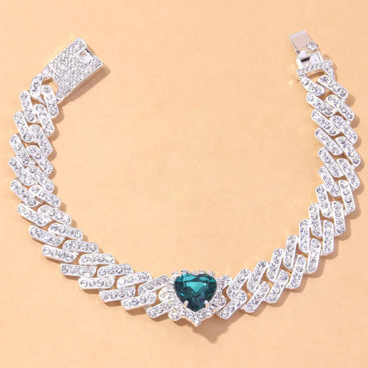 Cross border hot selling color heart-shaped crystal anklets, fashionable and trendy accessories, personalized hip-hop Cuban anklets AQP-STORE