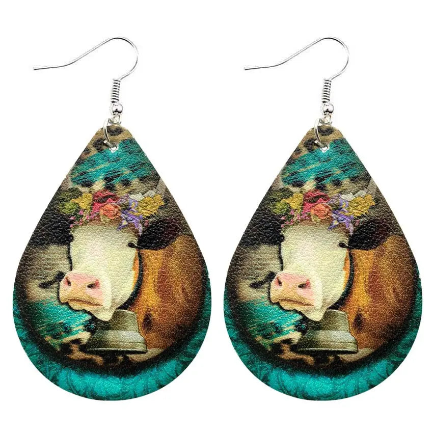 New Western Farm Animal Cow Pattern Leather Droplet Earrings for Women's Cow Earrings AQP-STORE