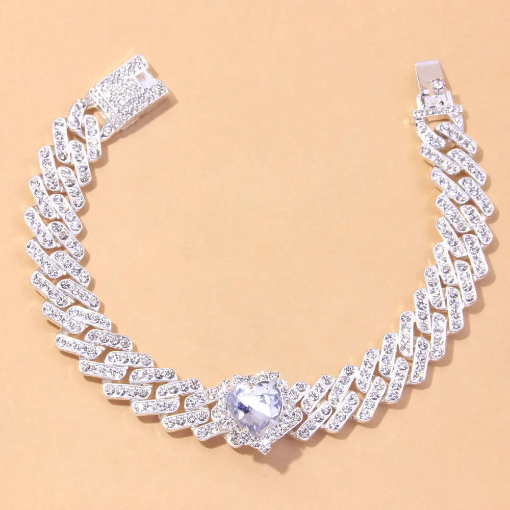 Cross border hot selling color heart-shaped crystal anklets, fashionable and trendy accessories, personalized hip-hop Cuban anklets AQP-STORE