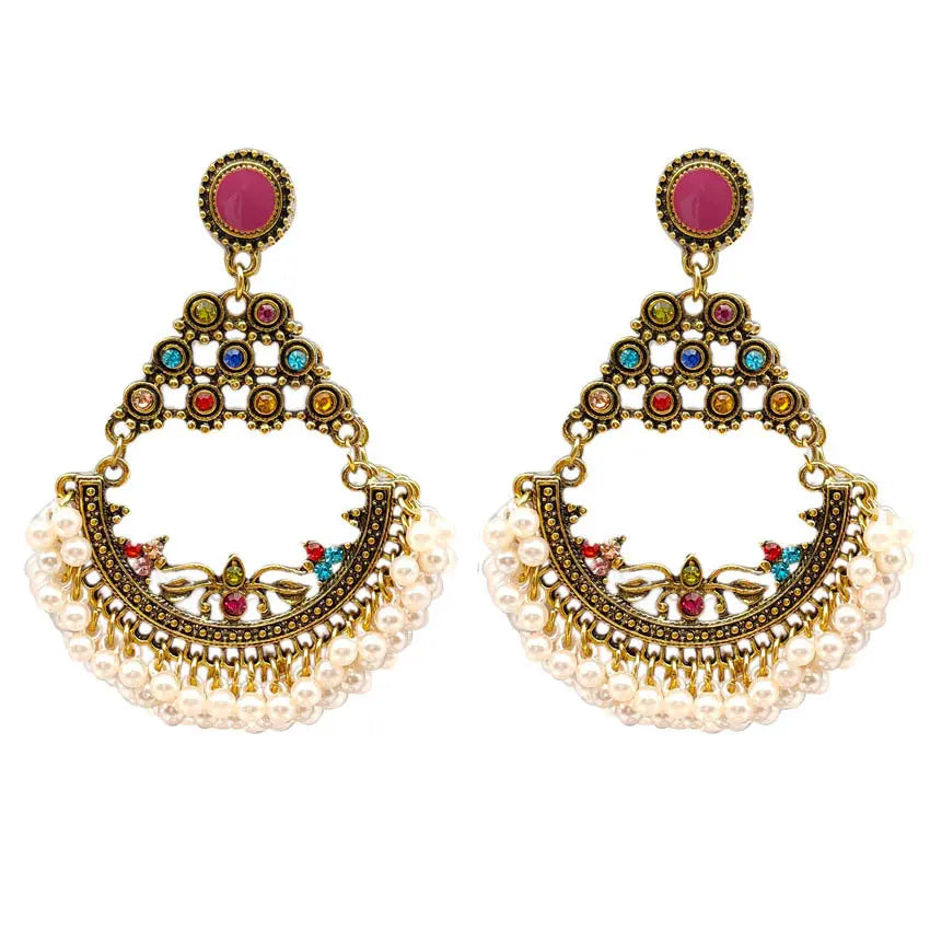 New Creative Retro Half Round Beaded Alloy Earrings Personalized Peacock Bell Hollow Geometric Tassel Earrings AQP-STORE