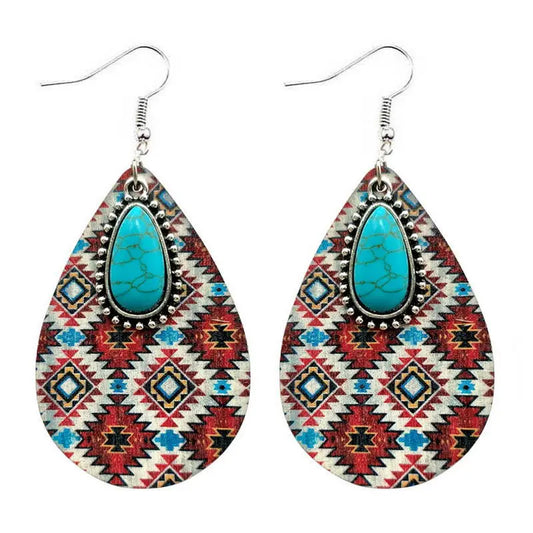 European and American women's earrings, wooden Aztec pattern turquoise pendant, retro ethnic fashion earrings AQP-STORE