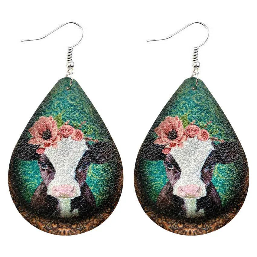 New Western Farm Animal Cow Pattern Leather Droplet Earrings for Women's Cow Earrings AQP-STORE