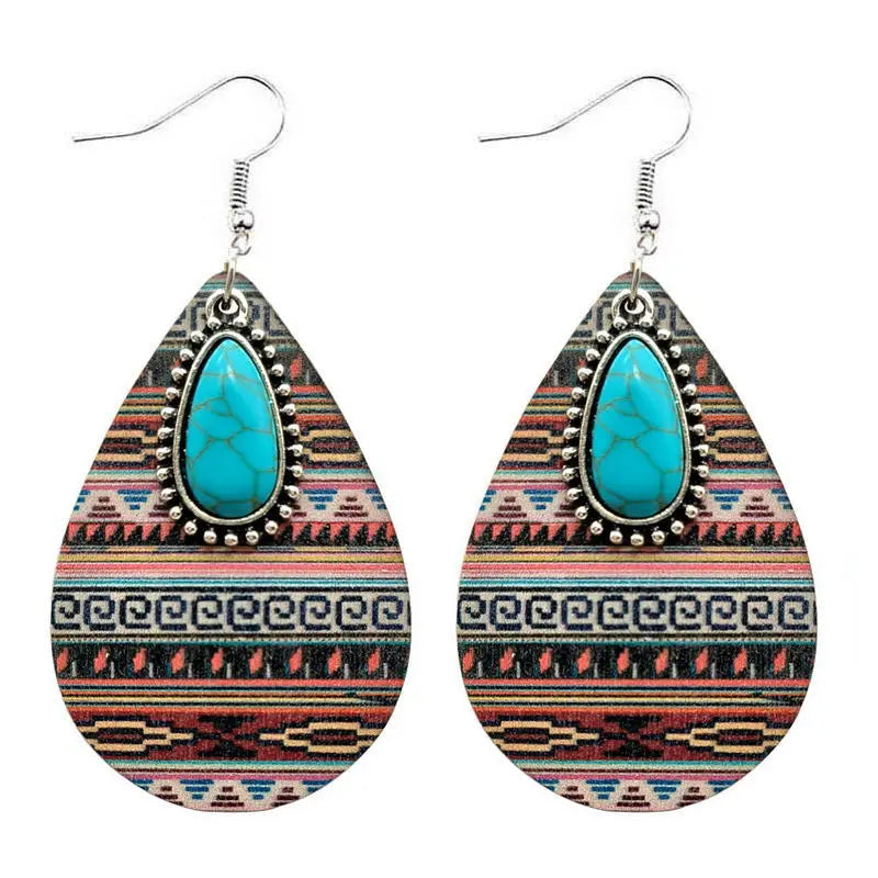 European and American women's earrings, wooden Aztec pattern turquoise pendant, retro ethnic fashion earrings AQP-STORE