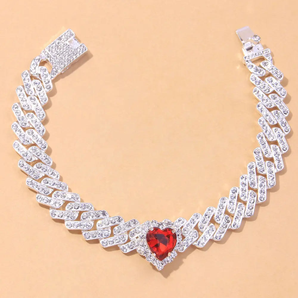 Cross border hot selling color heart-shaped crystal anklets, fashionable and trendy accessories, personalized hip-hop Cuban anklets AQP-STORE