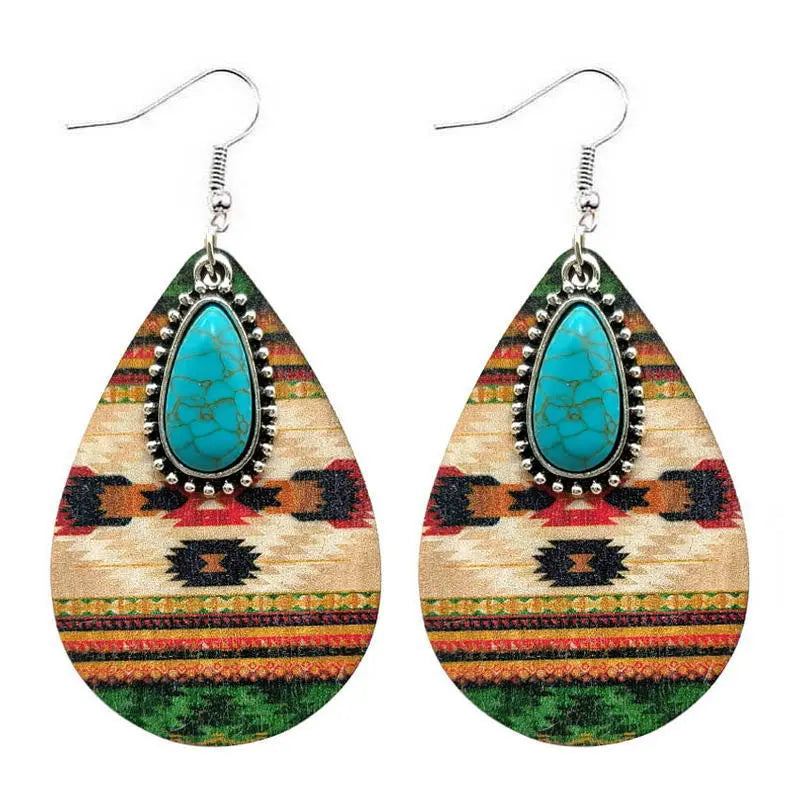 European and American women's earrings, wooden Aztec pattern turquoise pendant, retro ethnic fashion earrings AQP-STORE