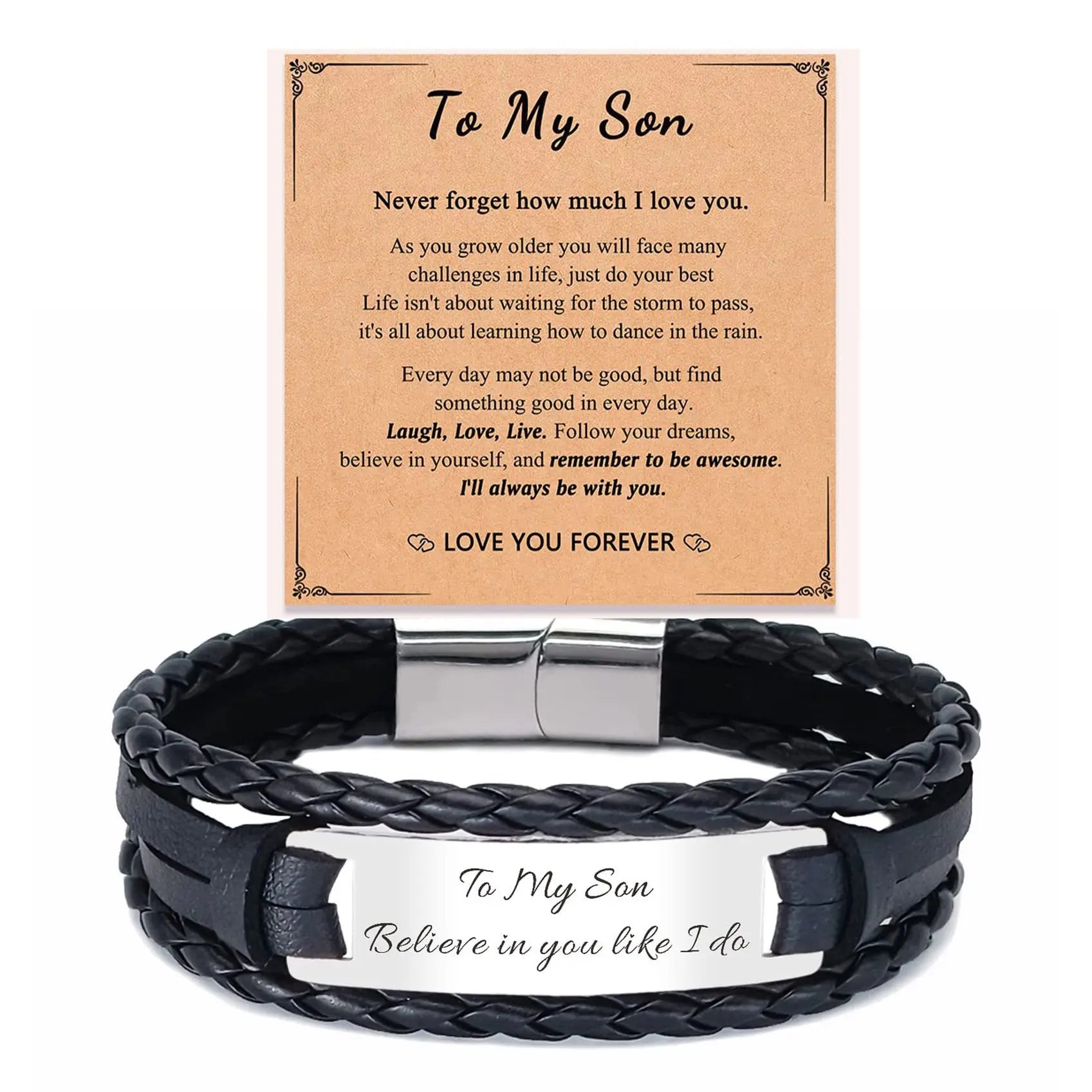Cross-border new stainless steel engraved TO MY SON leather bracelet multi-layer hand-woven men's leather bracelet AQP-STORE