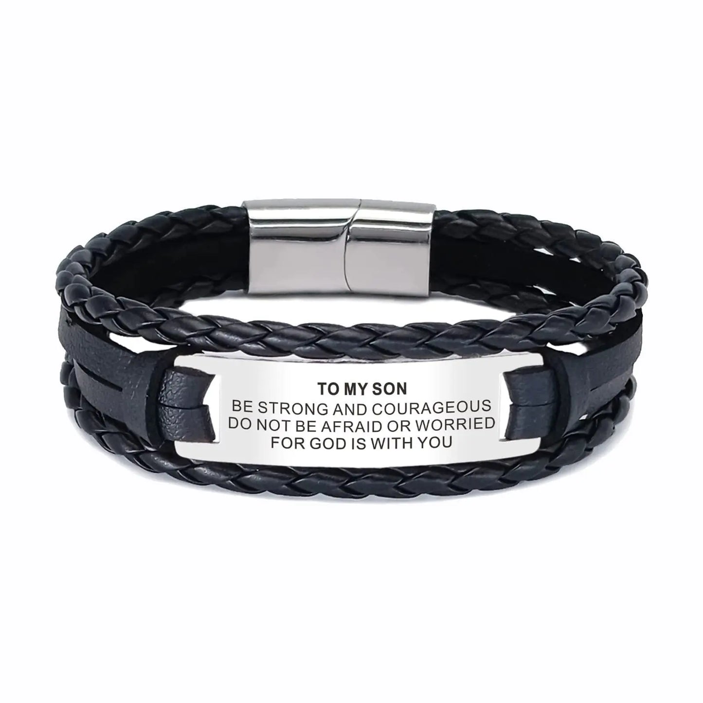 Cross-border new stainless steel engraved TO MY SON leather bracelet multi-layer hand-woven men's leather bracelet AQP-STORE