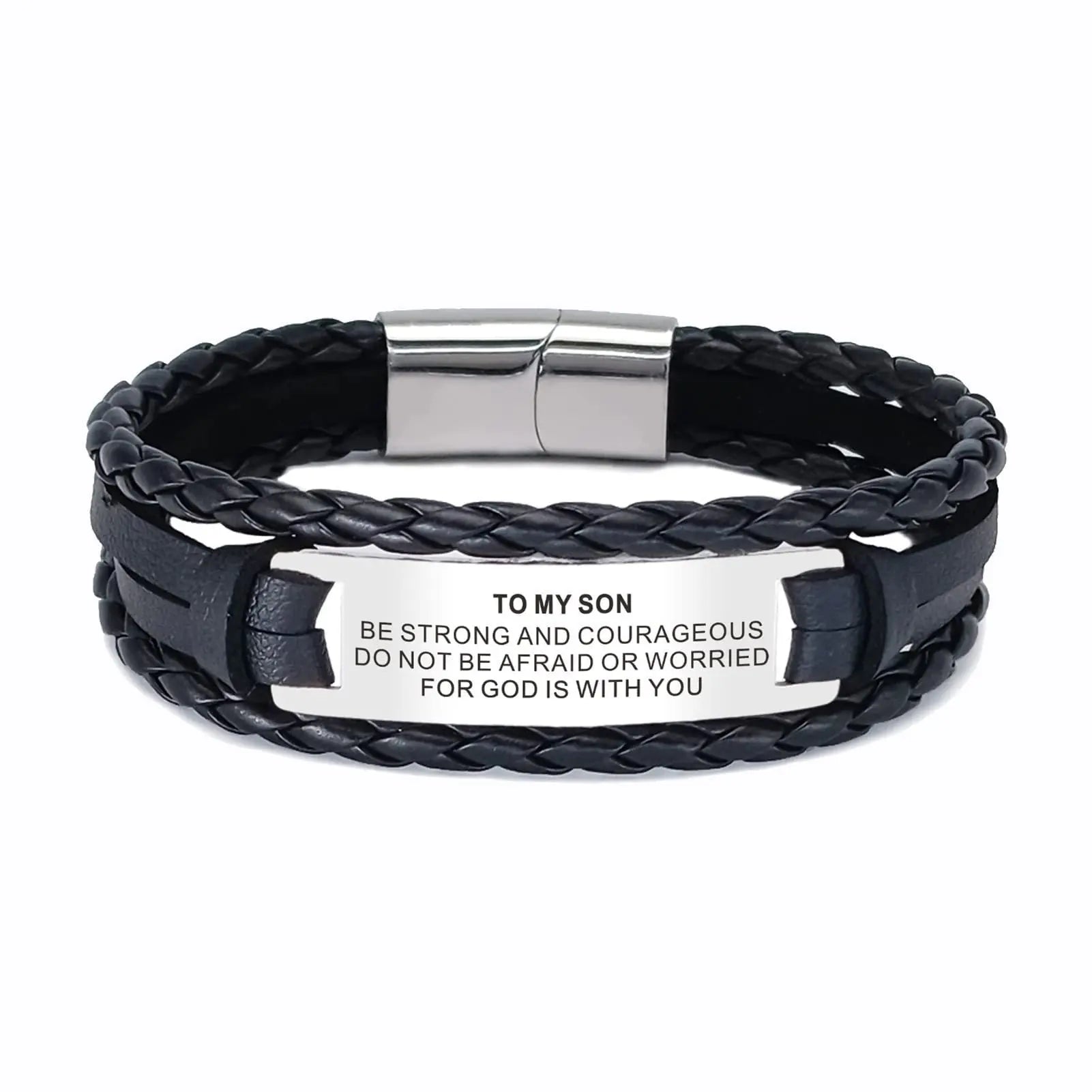Cross-border new stainless steel engraved TO MY SON leather bracelet multi-layer hand-woven men's leather bracelet AQP-STORE