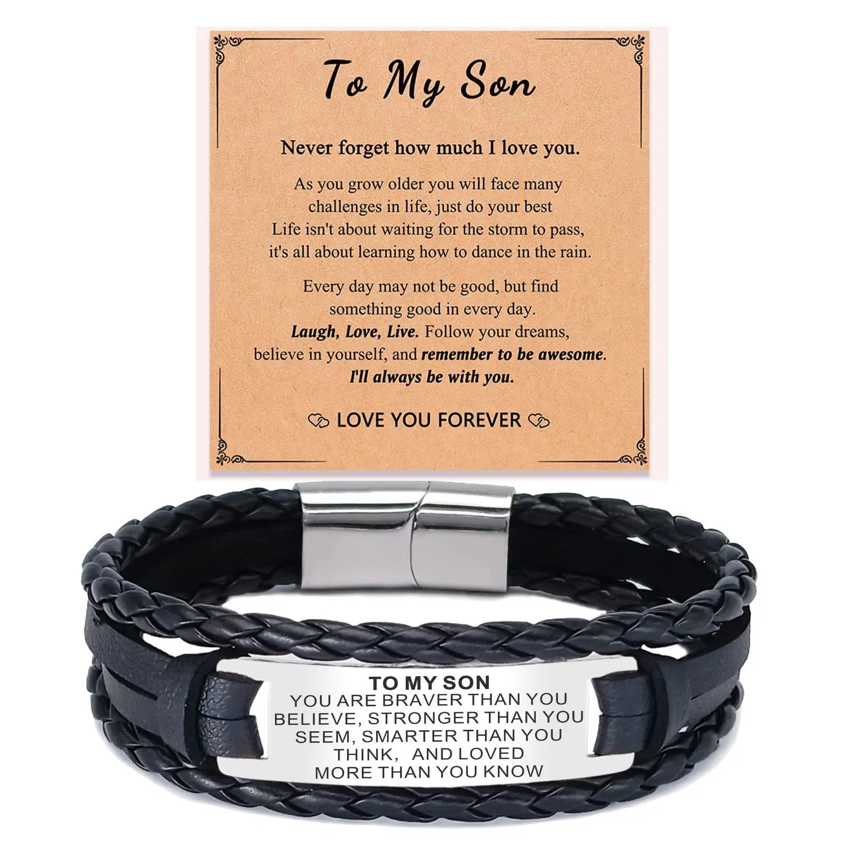 Cross-border new stainless steel engraved TO MY SON leather bracelet multi-layer hand-woven men's leather bracelet AQP-STORE