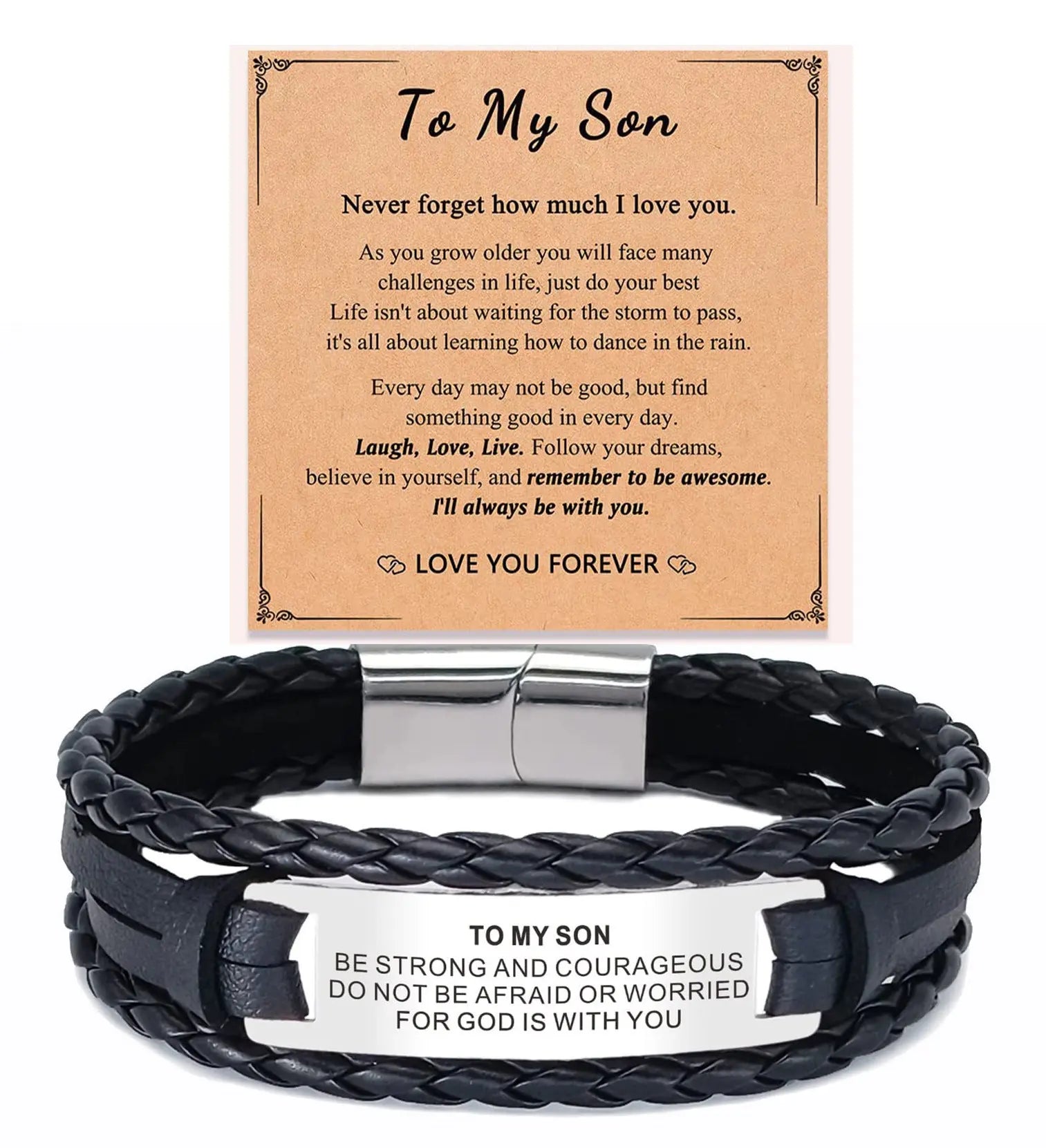 Cross-border new stainless steel engraved TO MY SON leather bracelet multi-layer hand-woven men's leather bracelet AQP-STORE