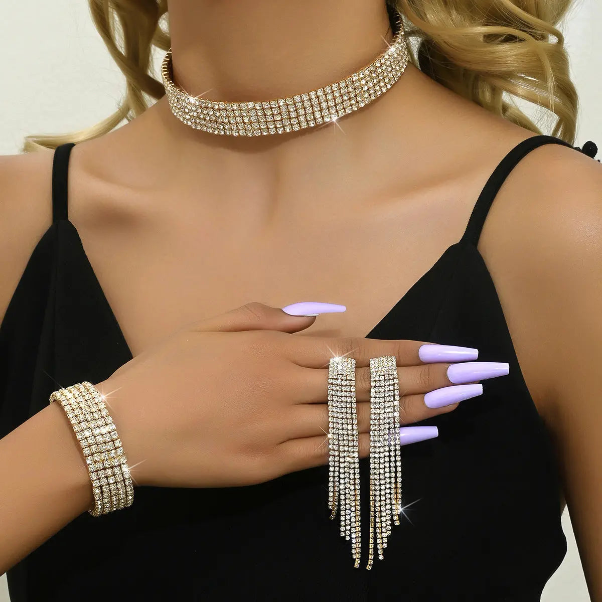 Cross border jewelry from Europe and America, multi drainage diamond necklaces, earrings, bracelets, 3-piece set of fashionable bride sets, dress accessories AQP-STORE