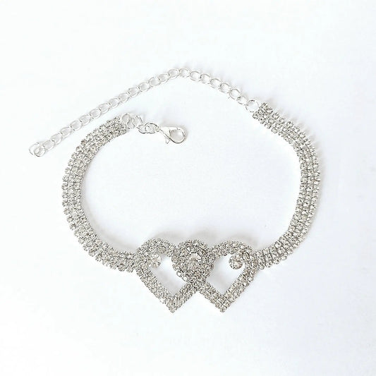 Qiao Jin Cross border Personalized Double Love Water Diamond Feet Chain, European and American Sexy Full Diamond Versatile Shining Beach Footwear Jewelry AQP-STORE